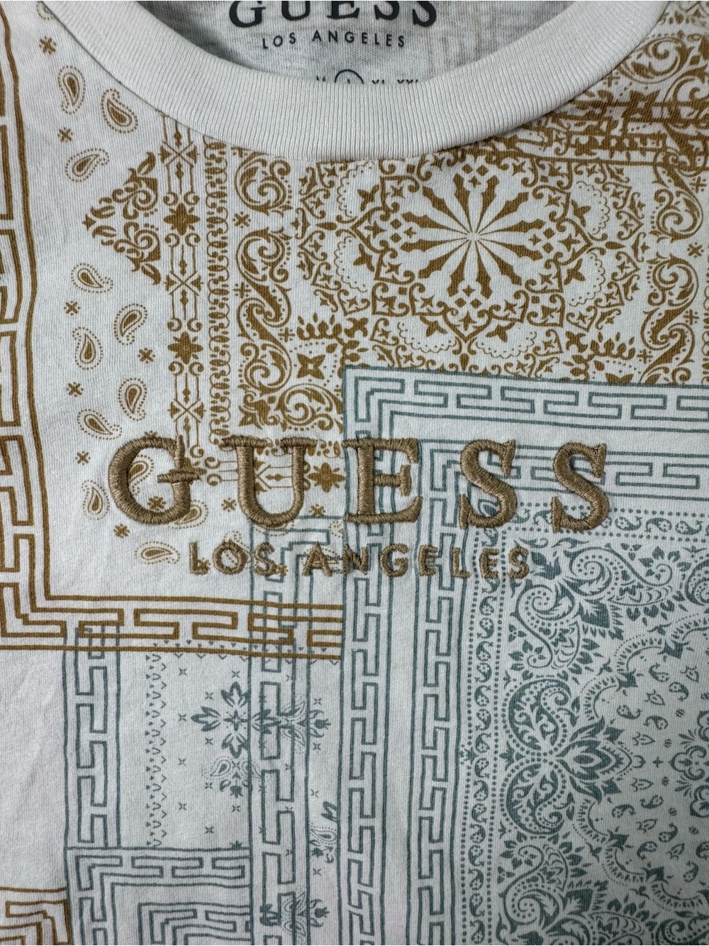 GUESS Men's White Tee with Gold and Light Blue Ornamental Print - Picture 2 of 6